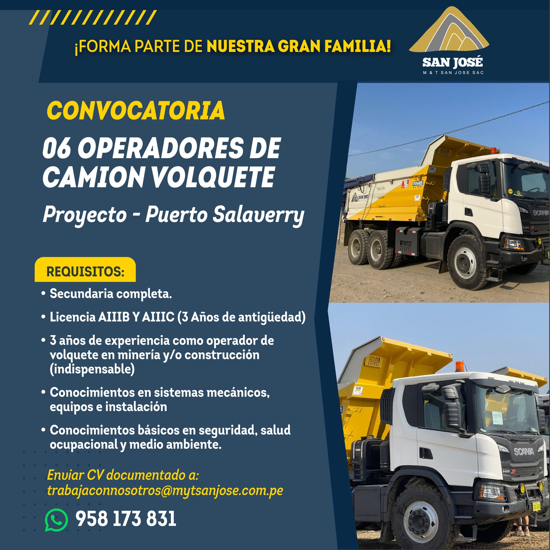 MYT SAN JOSE aviso Facebook Operador de Camión Volquete